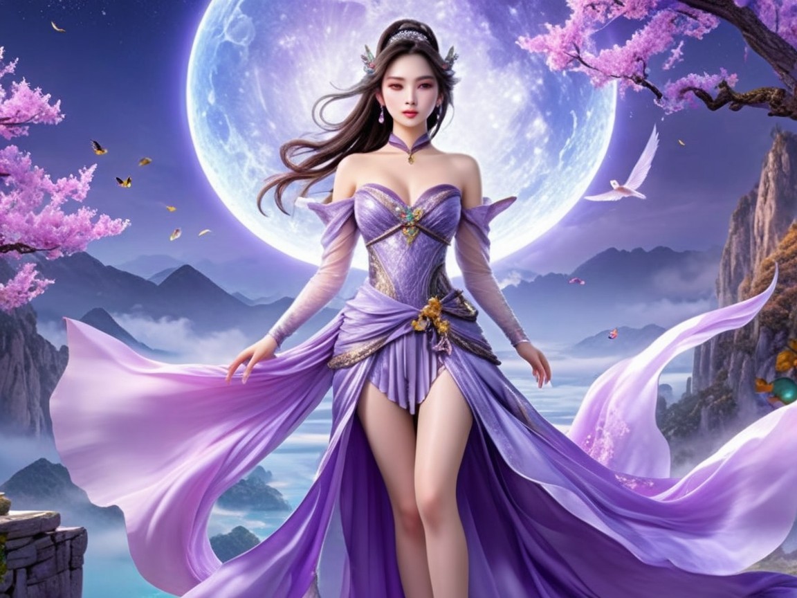 Graceful Figure in Fantasy Landscape Under Full Moon