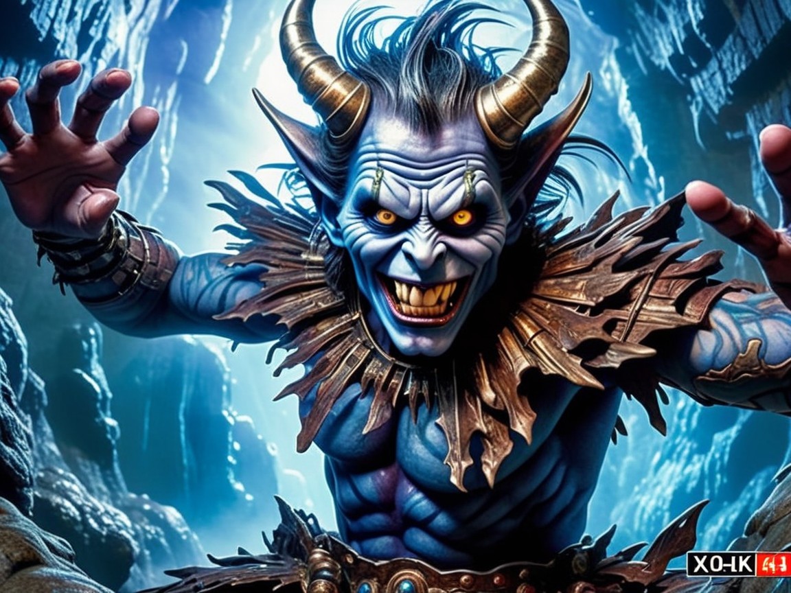 Fierce Blue-Skinned Creature in Dramatic Cave Setting