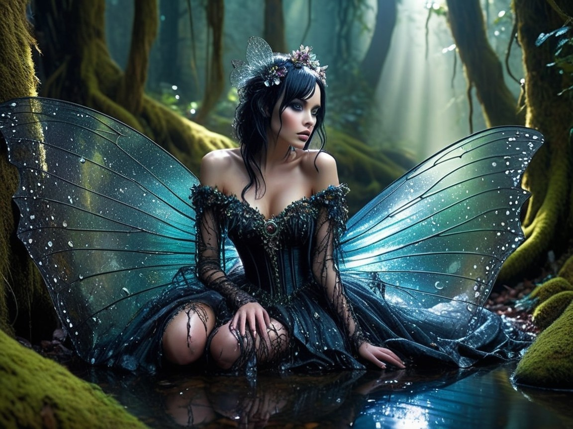 Fairy by Forest Stream with Butterfly Wings and Jewels