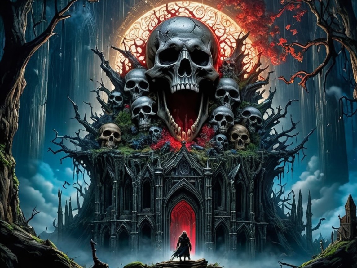 Dark Tower with Skulls in Surreal Forest Setting