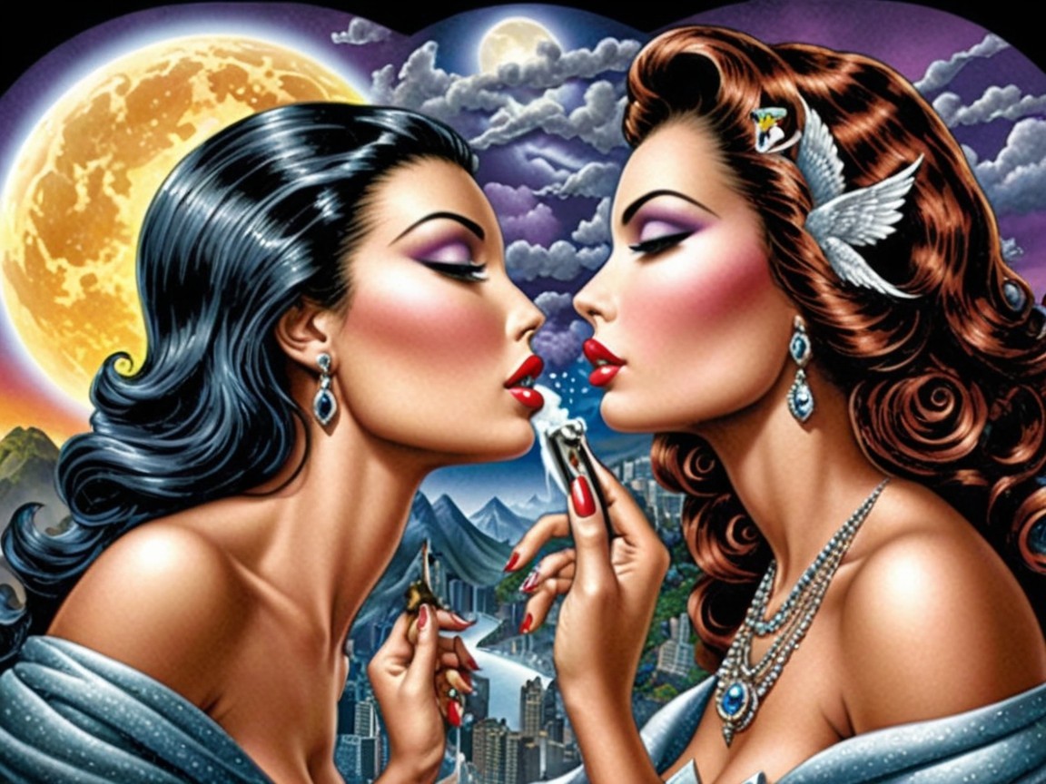 Glamorous Women Kissing Against Cityscape at Night
