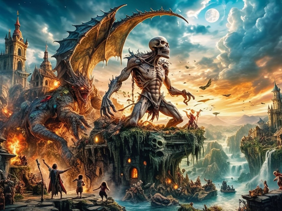 Dark Fantasy Scene with Skeletal Figure and Creatures
