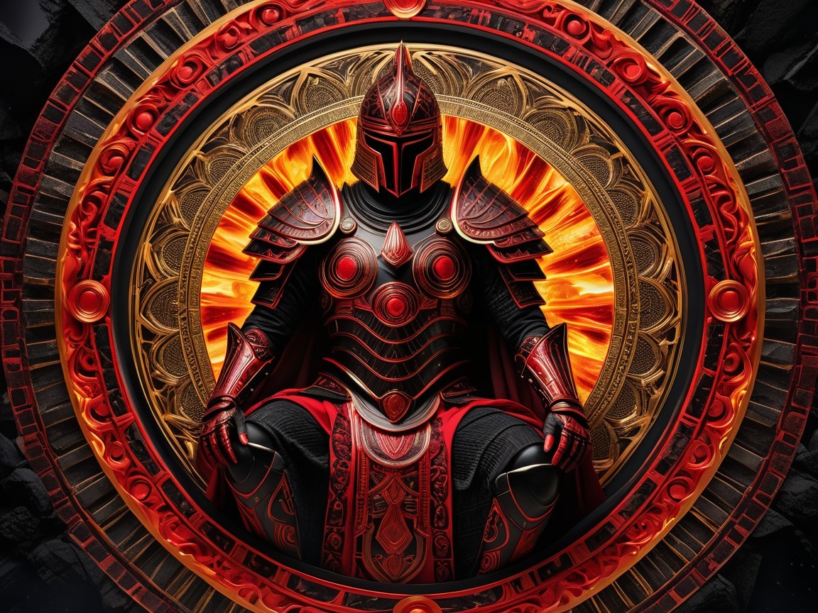 Majestic Figure in Red and Black Armor with Radiant Motif