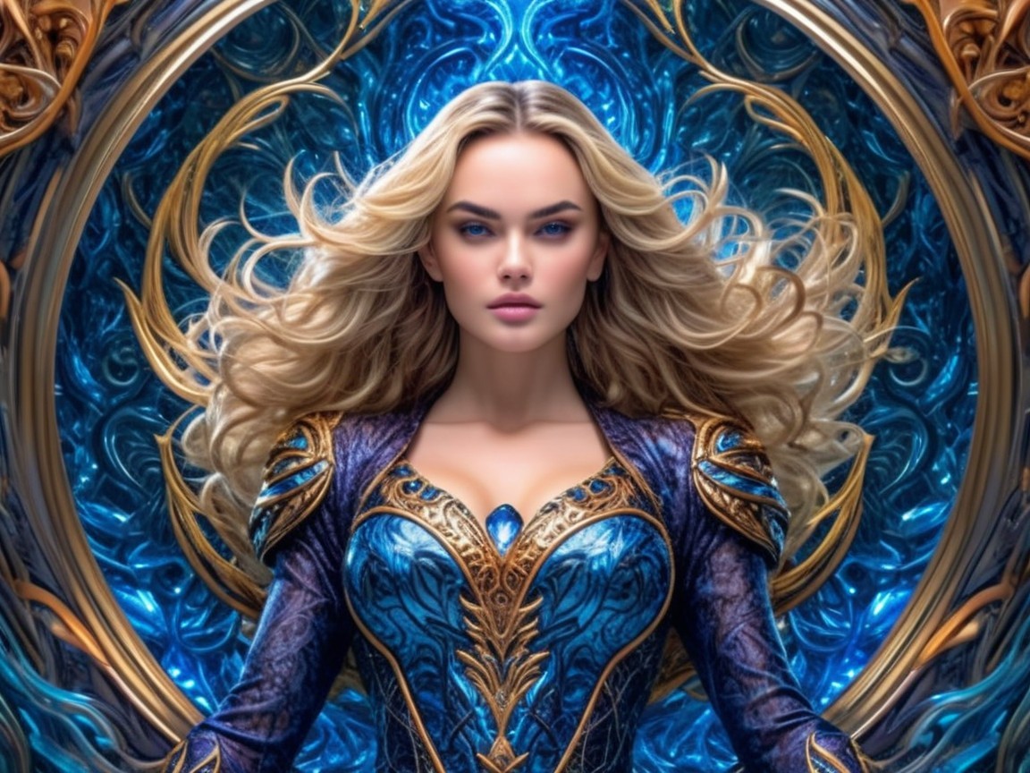 Striking Female Figure in Ornate Jewel-Toned Gown