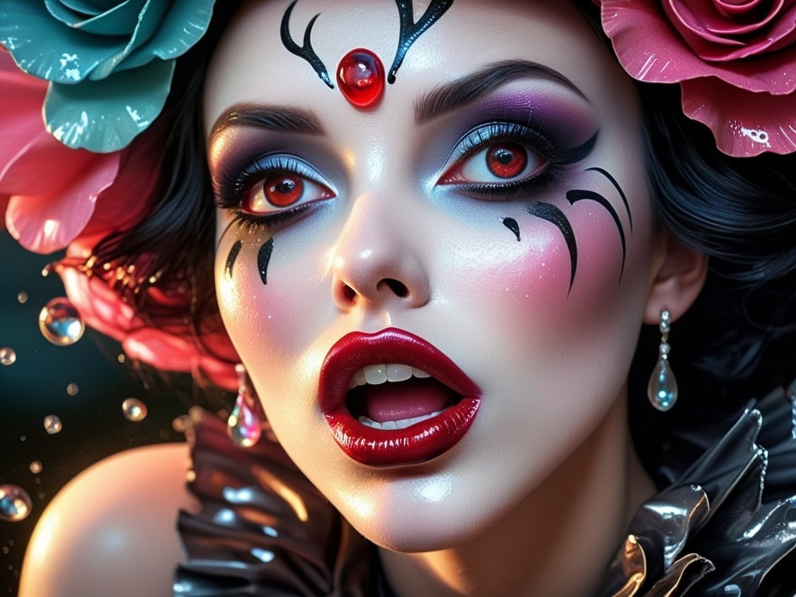 Portrait of a woman with dramatic makeup and flowers
