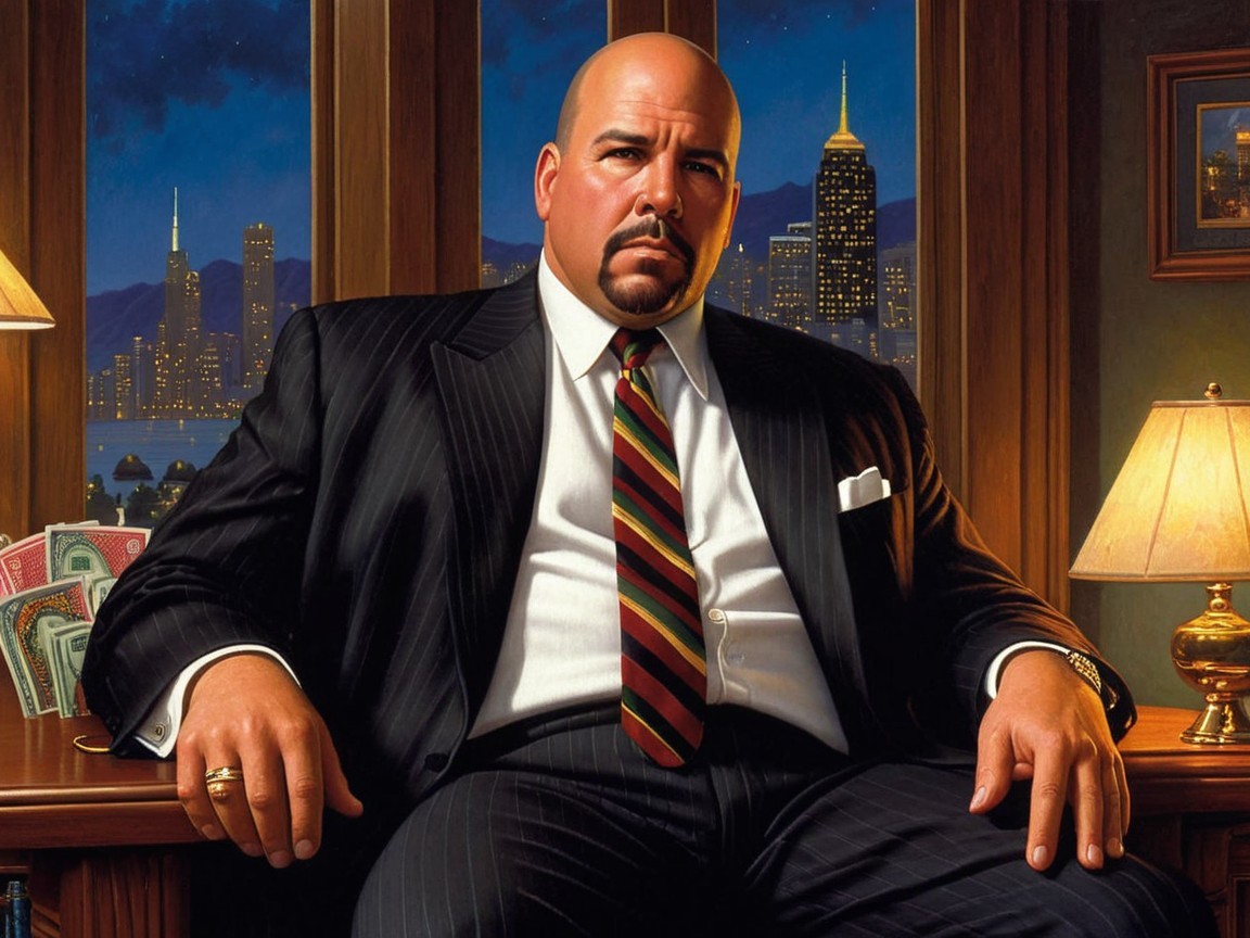 Confident Man in Tailored Suit at Desk with Skyline
