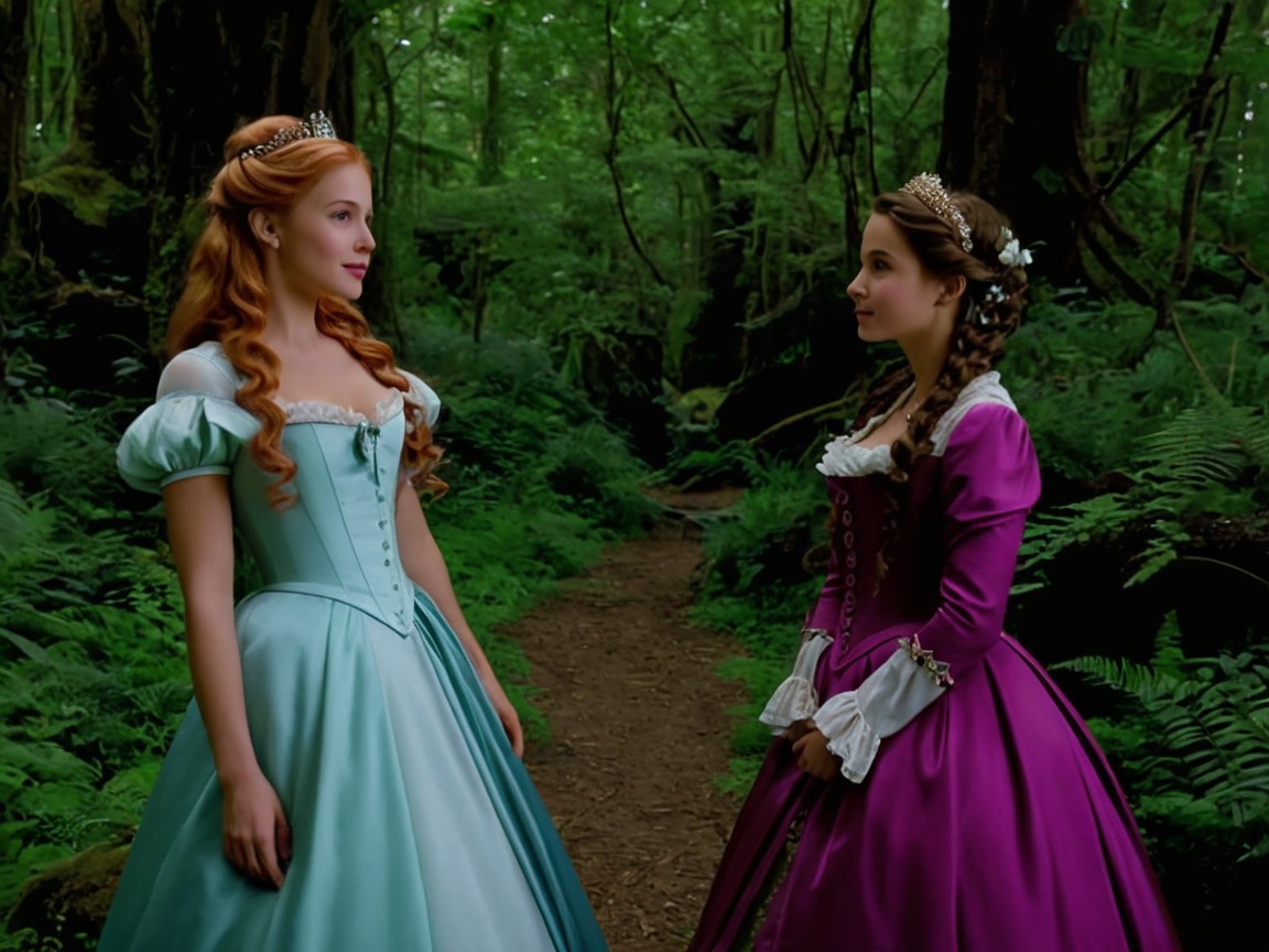 Princesses in Elegant Gowns in a Lush Forest Setting