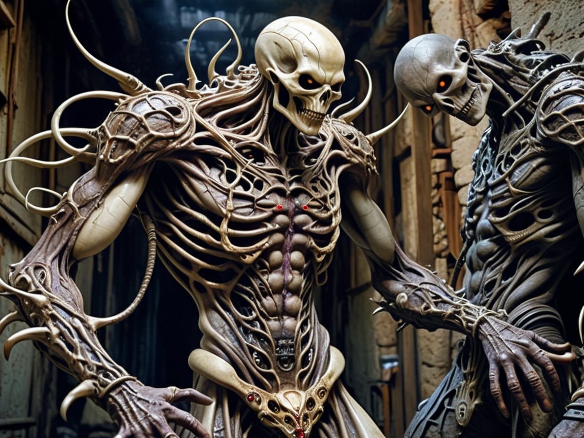 Eerie Skeletal Figures with Glowing Red Eyes