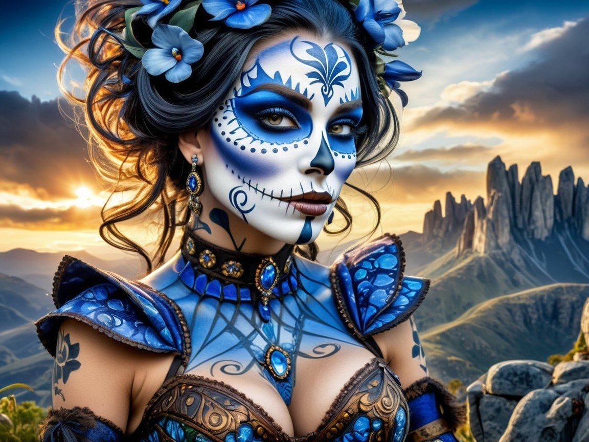 Female figure in Day of the Dead makeup in landscape