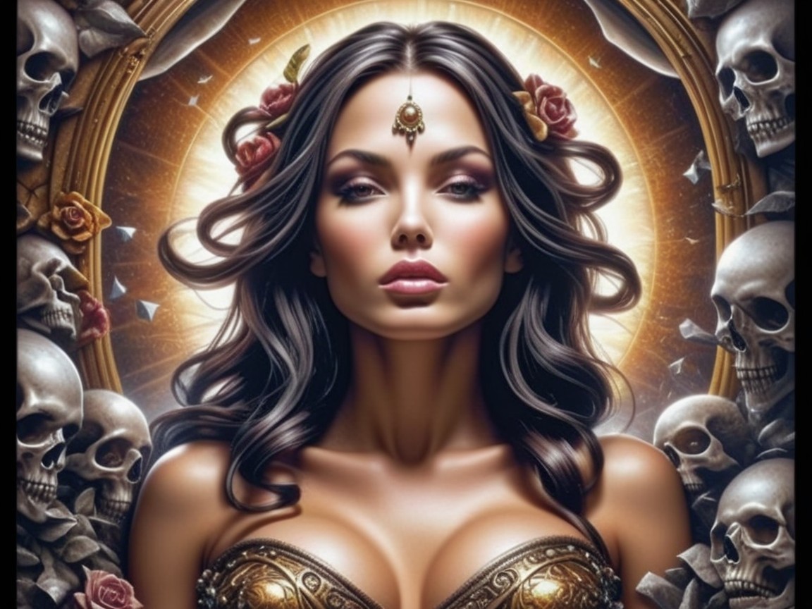Striking Woman with Roses and Golden Halo Design