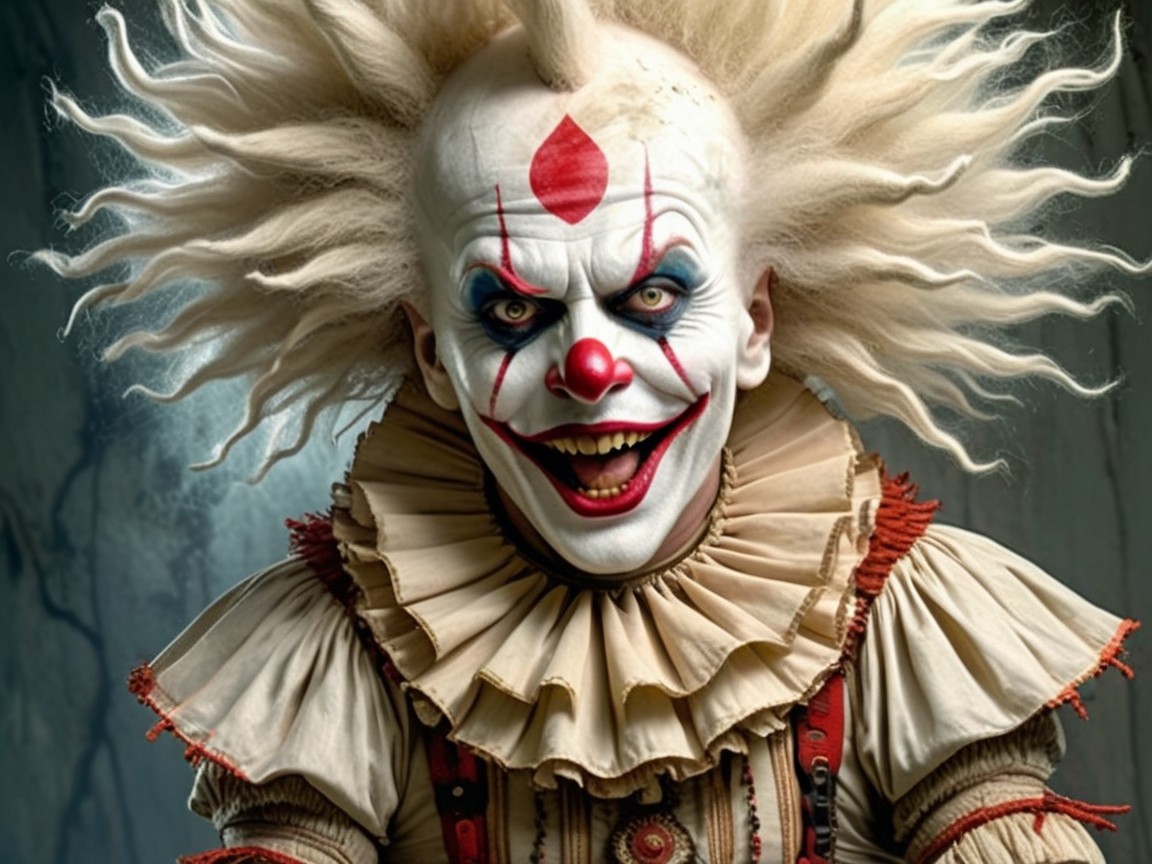 Eerie Clown with Frizzy Hair and Sinister Grin