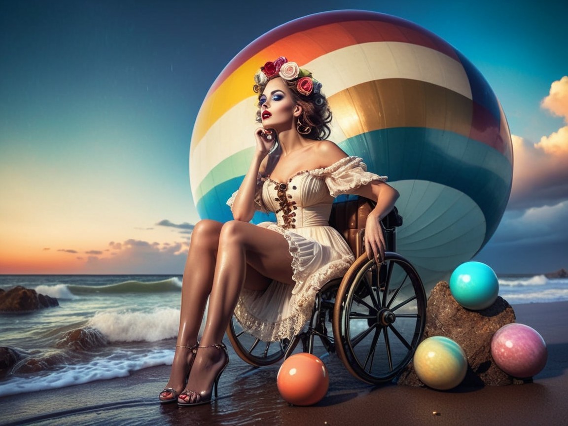 Glamorous Woman in Vintage Dress on Beach at Sunset