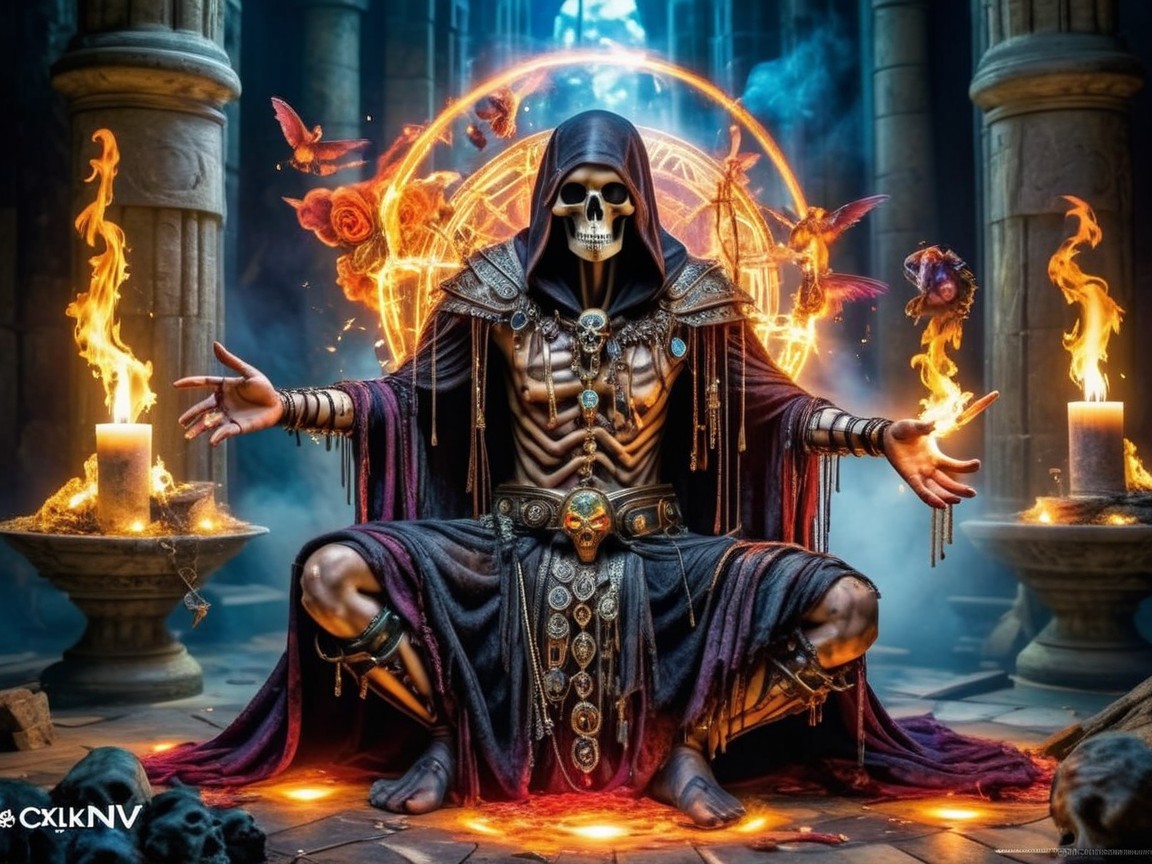 Skeletal Figure in Dark Setting with Flames and Symbols