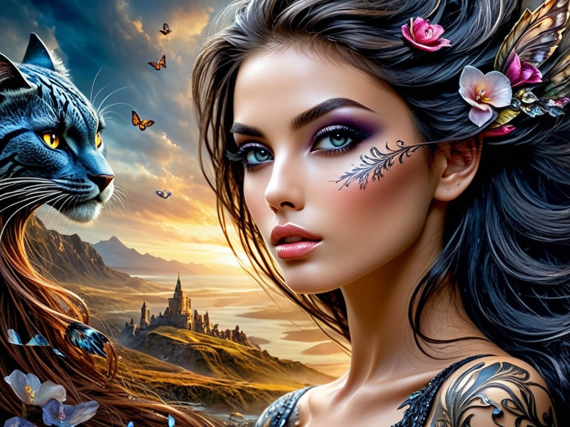 Mystical Woman with Floral Elements and Blue Cat