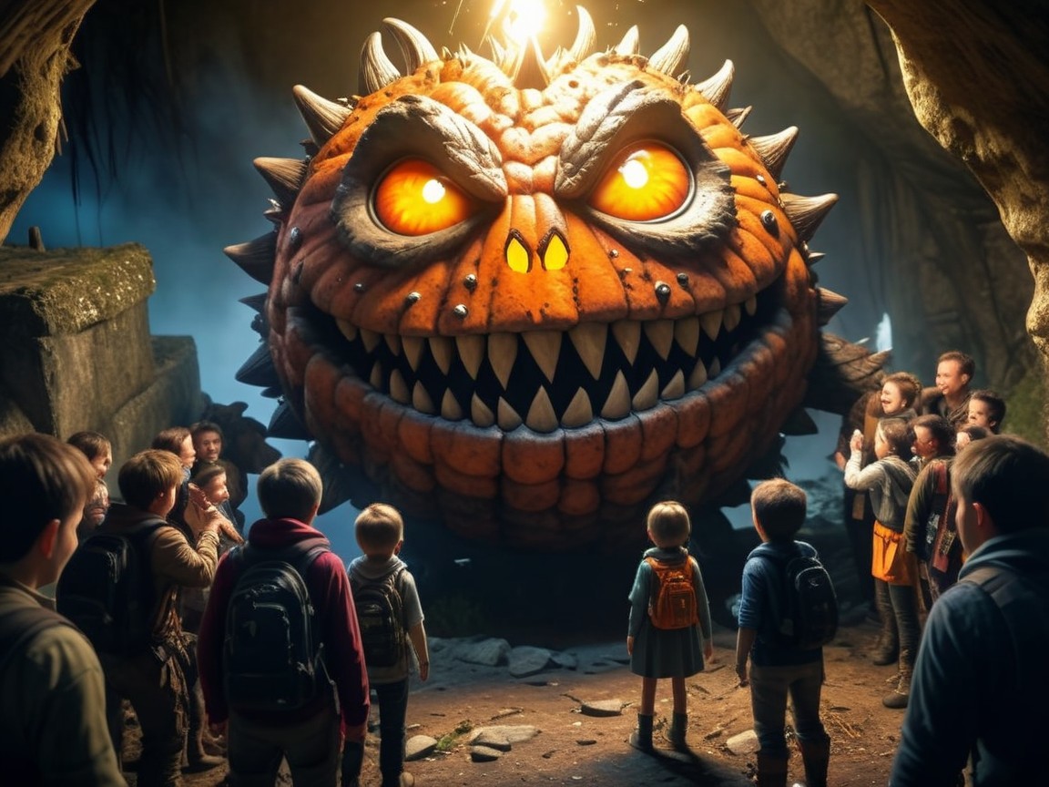 Giant Pumpkin Creature in Dim Cave with Children