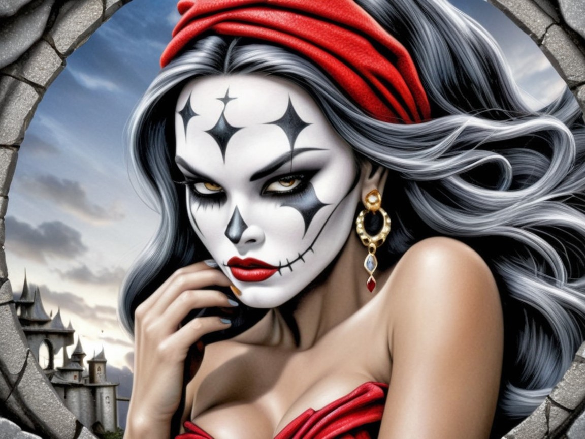 Elaborate Face Paint and Gothic Architecture Scene