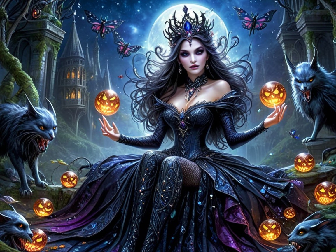 Mystical Dark Queen in Moonlit Forest with Pumpkins