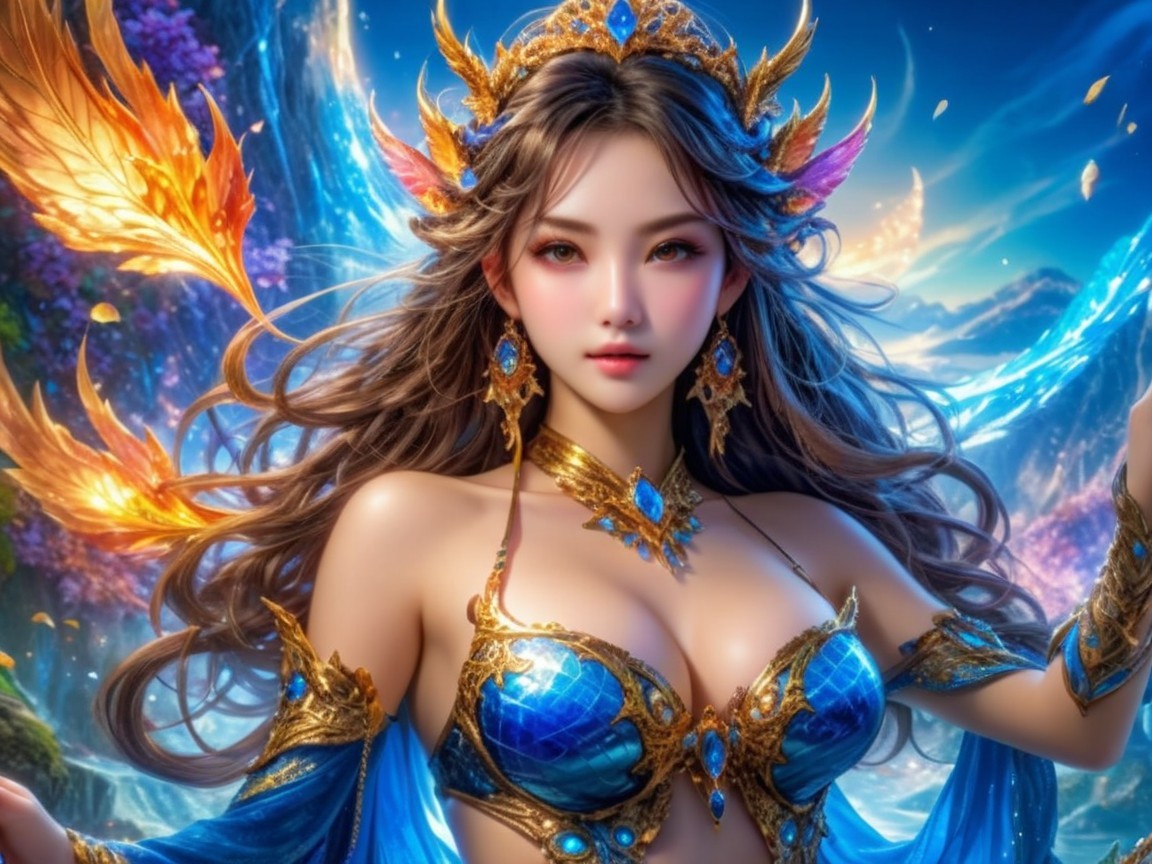 Radiant figure in vibrant fantasy landscape with wings