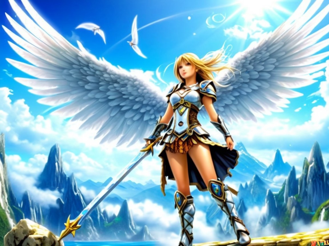 Majestic Angelic Warrior with Vibrant Sky and Mountains