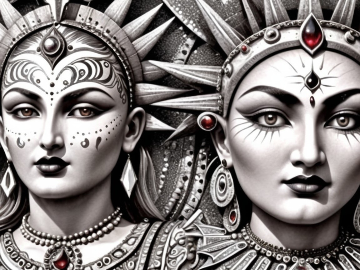 Intricate Female Figures with Jewelry and Motifs