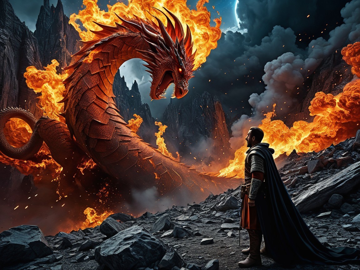 Dramatic Scene of Dragon and Armored Figure Confrontation