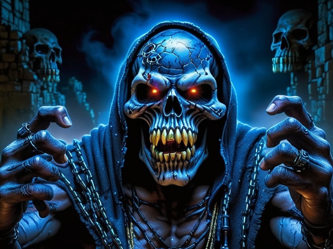 Skeleton Figure with Red Eyes in Dark Atmosphere