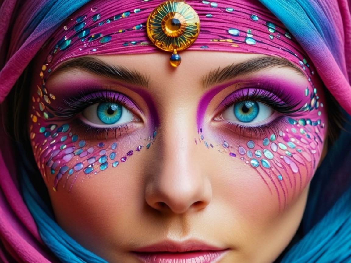 Portrait of a woman with blue eyes and intricate makeup