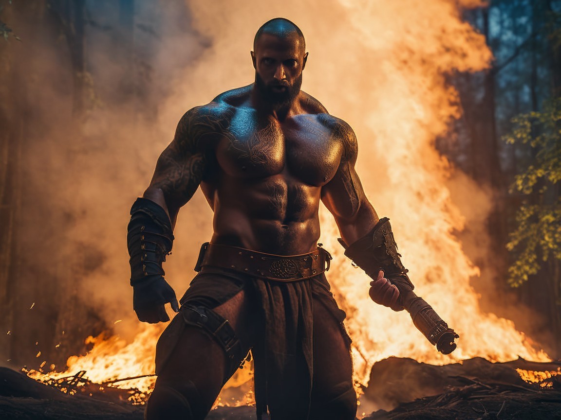 Muscular Warrior in Fiery Forest Setting