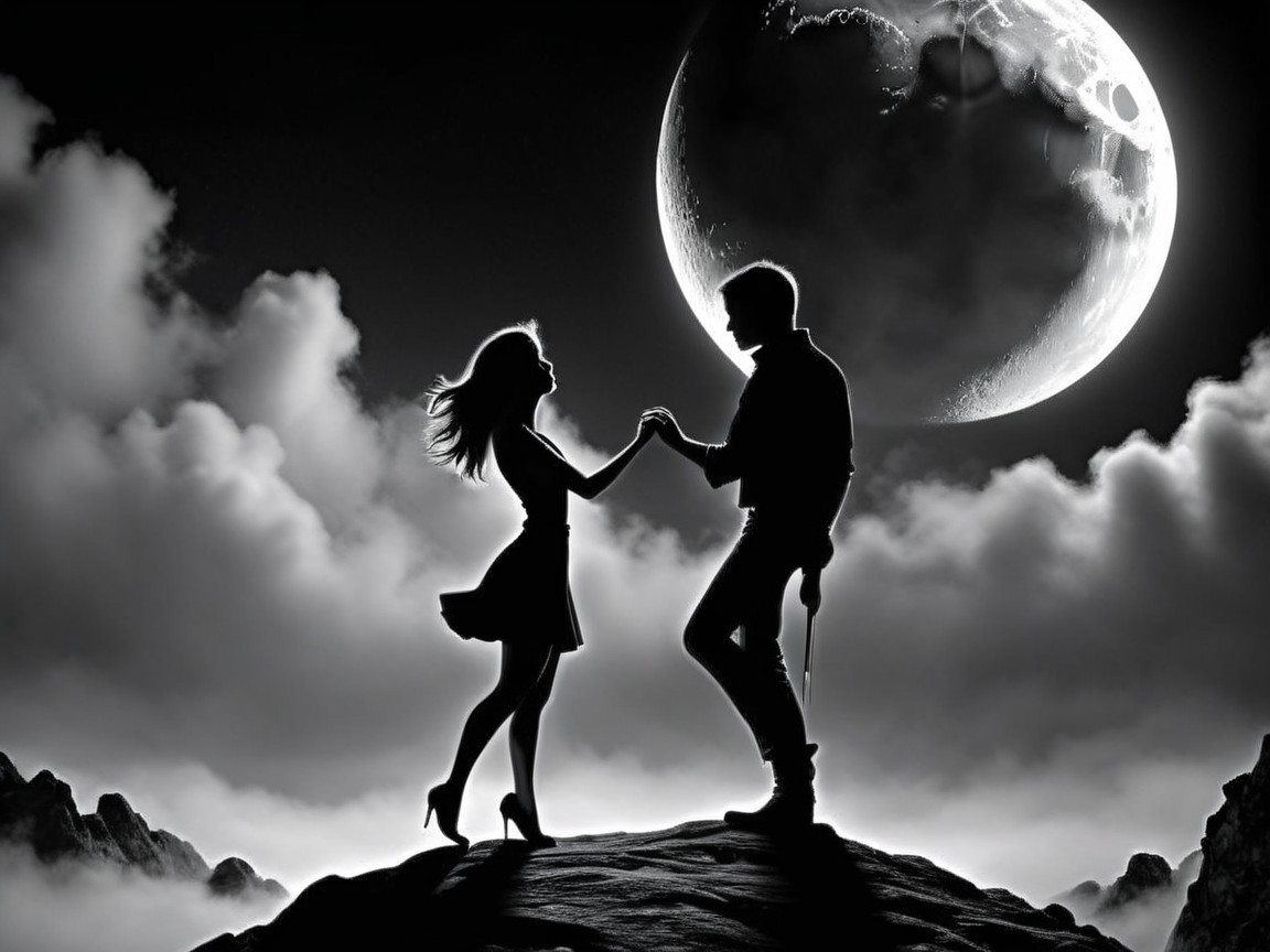 Romantic Silhouette of Couple Against Dramatic Moonlight