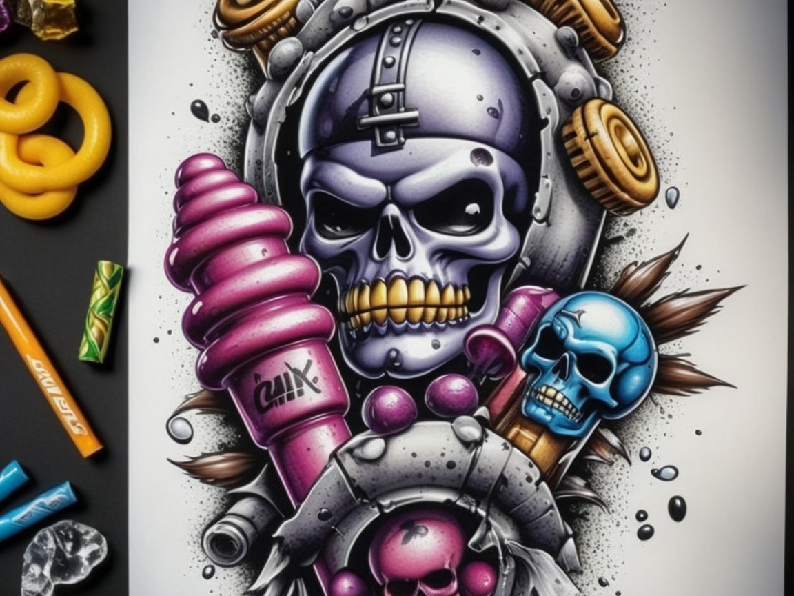 Stylized Skull Artwork with Vibrant Colors and Details