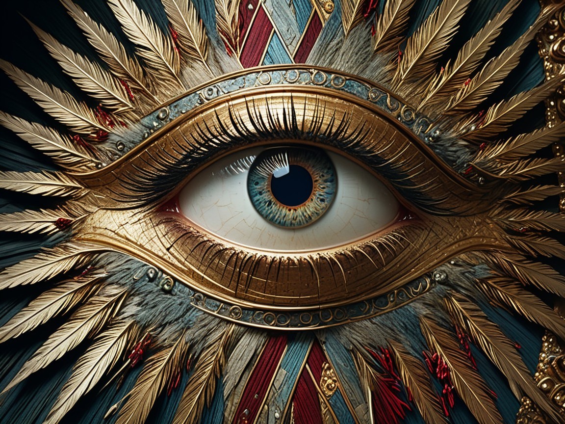 Ornate Eye Surrounded by Intricate Feathers and Colors