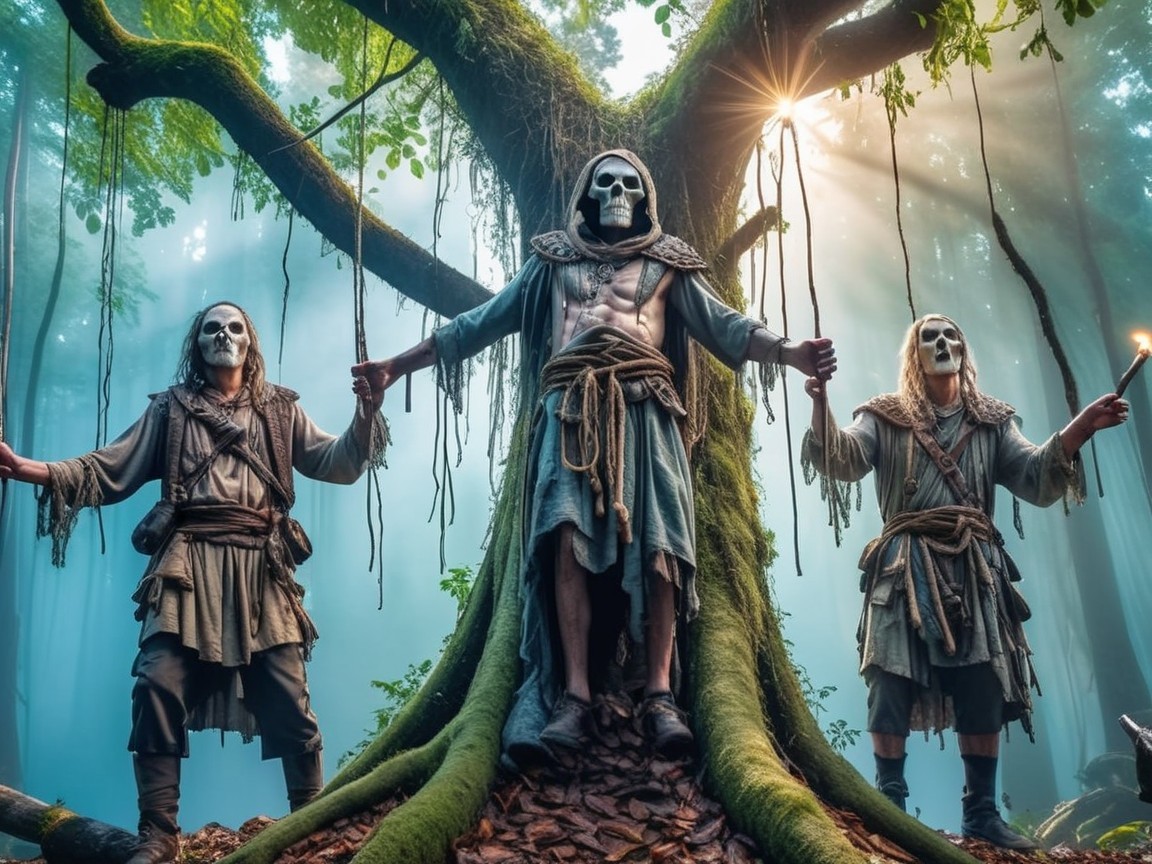Hooded Figures in Ritual Circle by Ancient Tree