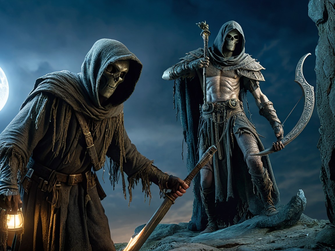 Skeletal Figures in Dark Landscape with Lantern and Scythe