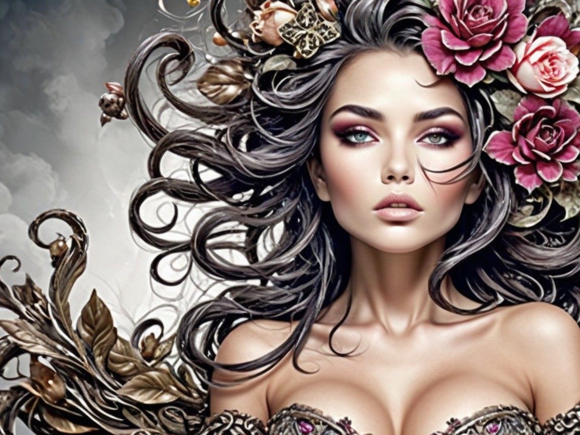 Portrait of a Woman with Floral Hair and Ethereal Beauty