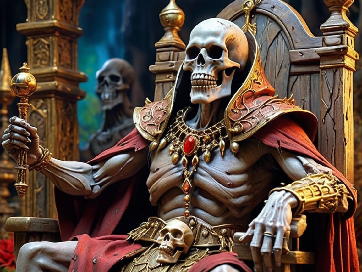 Regal Skeleton on Throne with Opulent Cloak and Jewelry