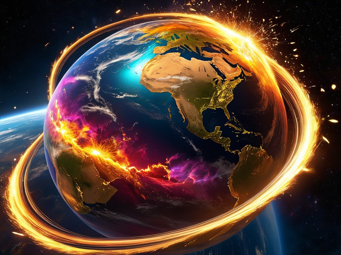 Digital Artwork of Earth with Vibrant Energy Bursts