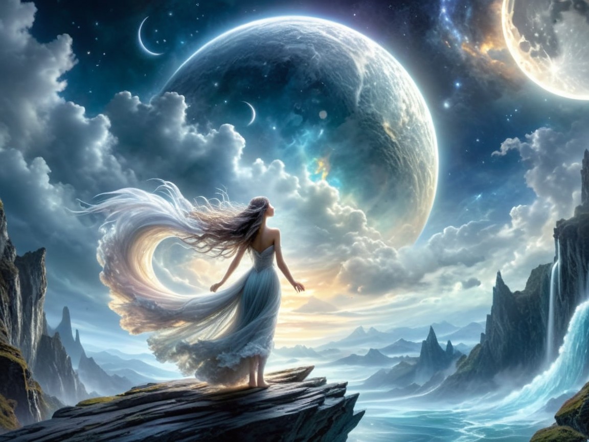 Serene Figure on Rocky Outcrop Under Celestial Moons