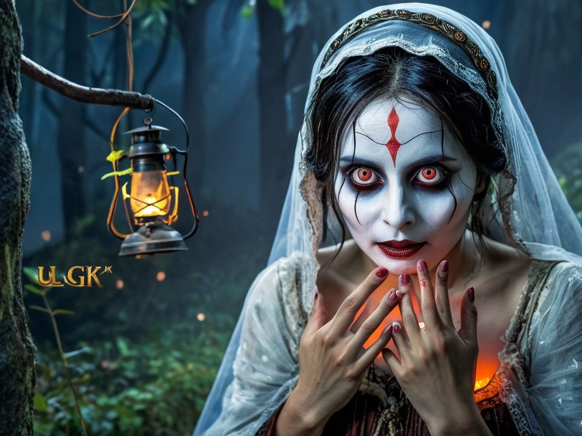 Haunting Figure in Dark Forest with Lantern Glow