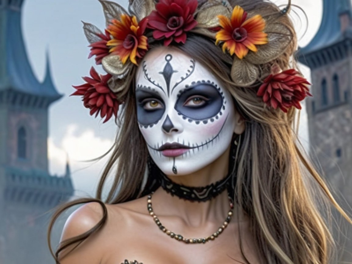 Woman with Day of the Dead Skull Makeup and Floral Crown