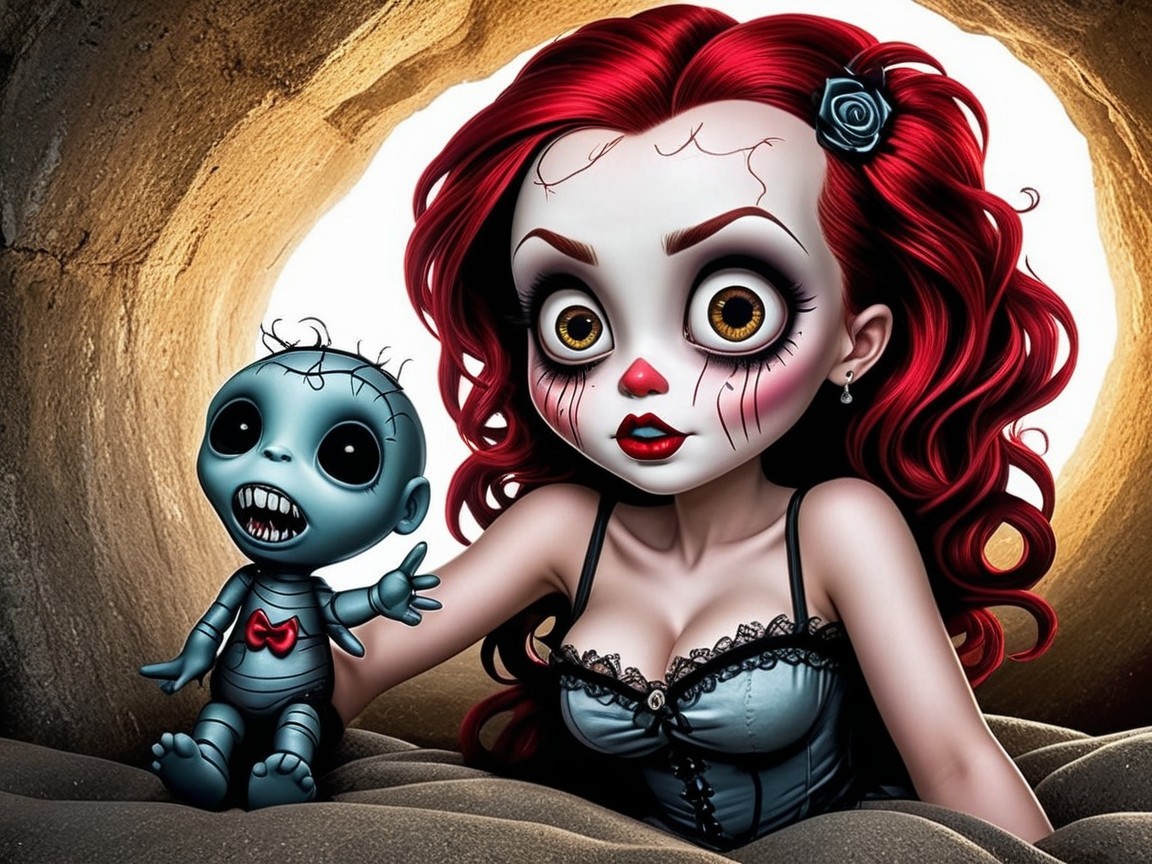 Whimsical Eerie Scene with Red-Haired Girl and Doll