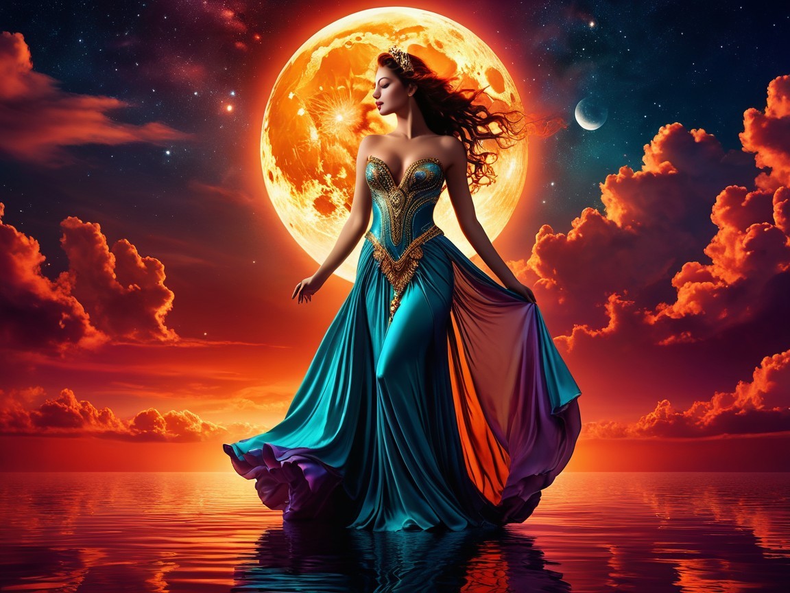 Turquoise Gown Under Full Moon and Orange Clouds