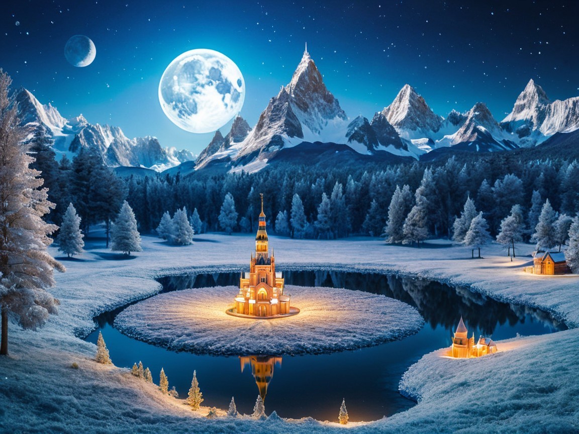 Winter Landscape with Castle and Starry Sky