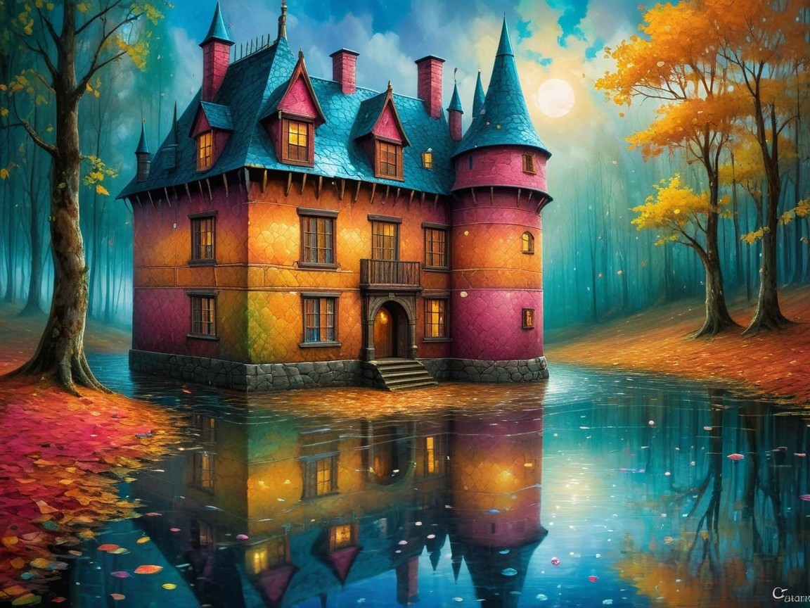 Whimsical Colorful Mansion by Tranquil Lake at Night