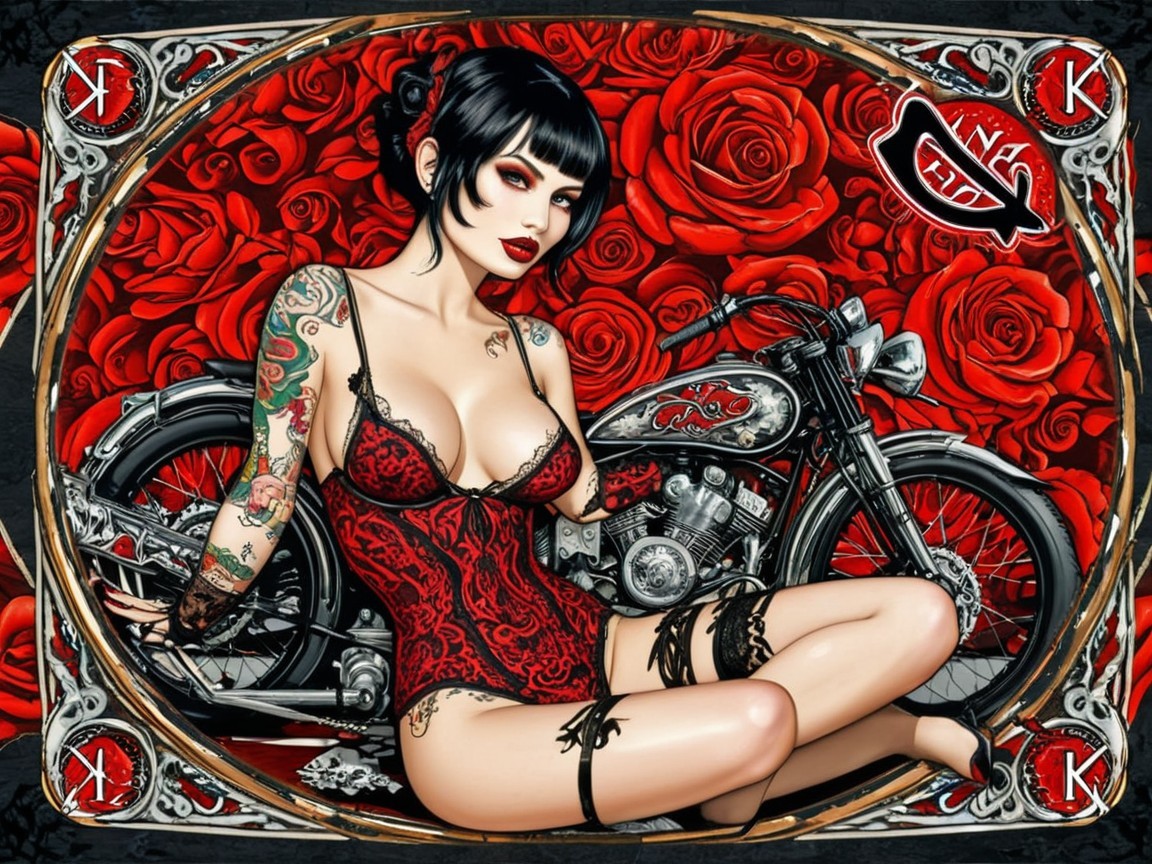 Woman with Tattoos and Vintage Motorcycle in Roses