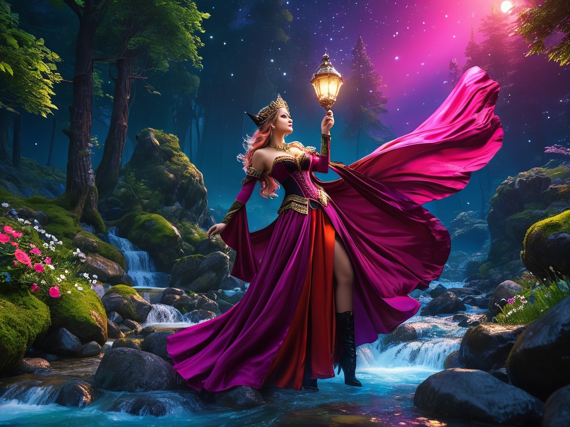 Regal figure in vibrant gown in a magical forest