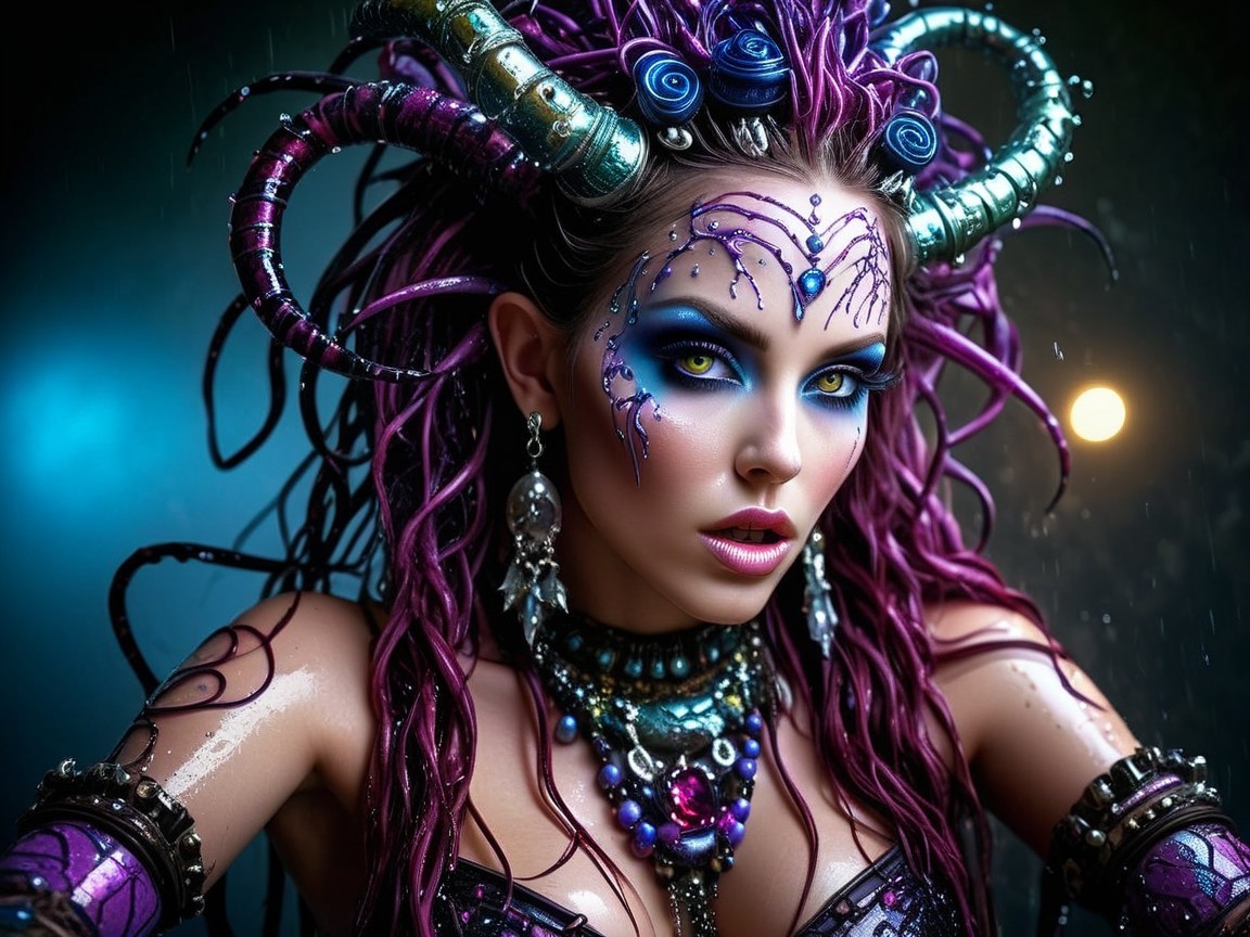 Intricate Figure with Colorful Horns and Dreadlocks