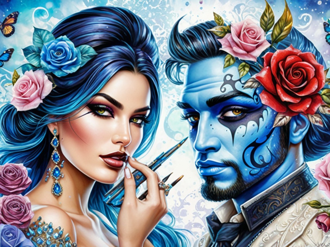 Couple with Blue Hair and Intricate Facial Designs