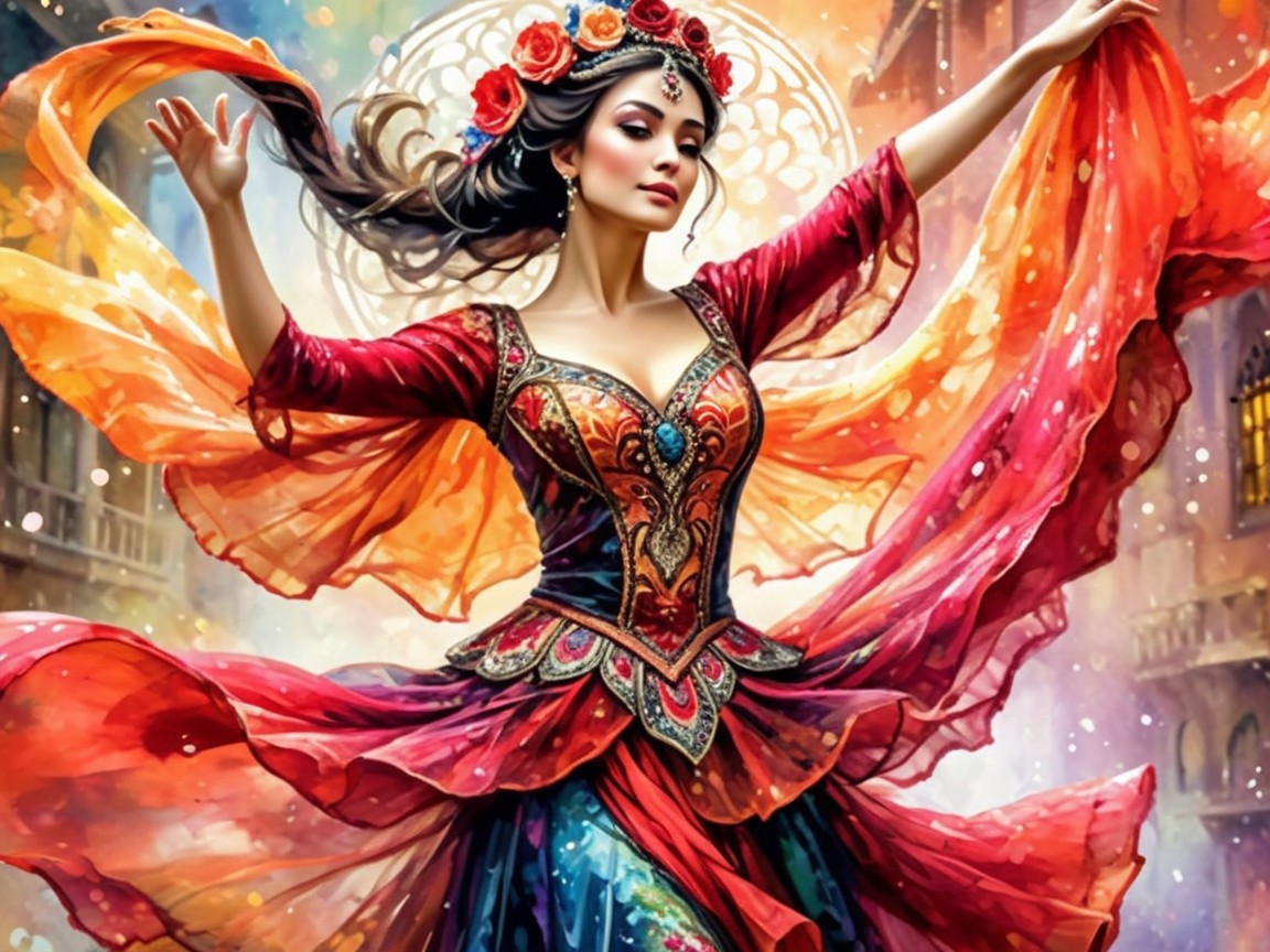 Graceful dancer in vibrant gown with floral crown