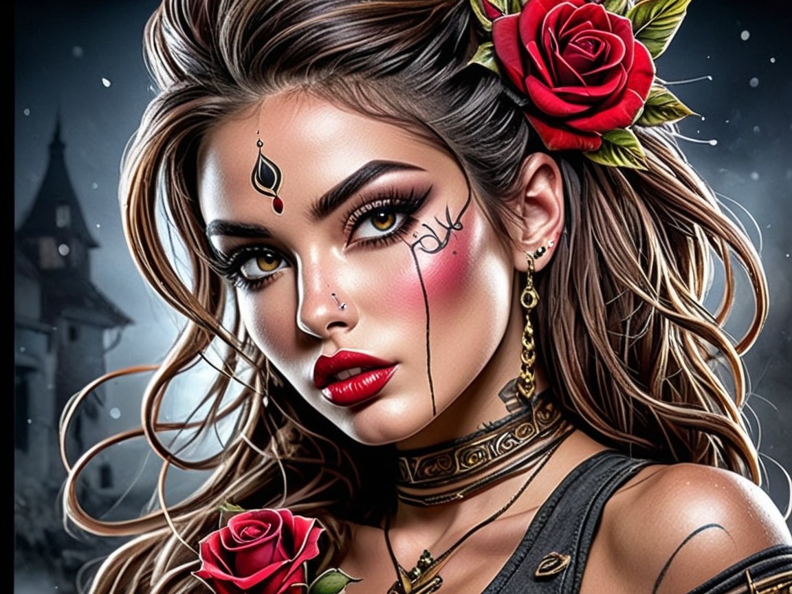 Woman with Roses and Gothic Castle Background