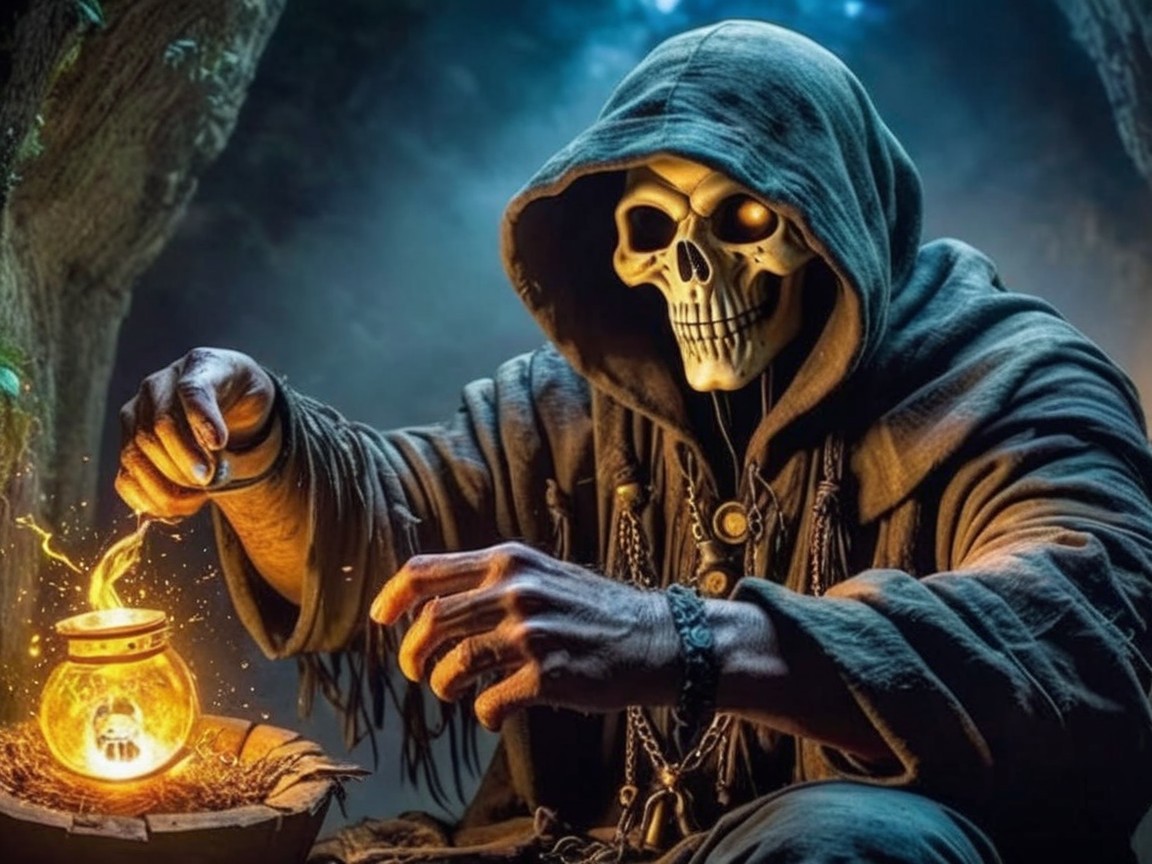 Cloaked Figure in Mystical Forest with Glowing Sparkles